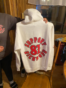 White hoodie screen print patch on back