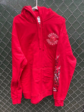 Load image into Gallery viewer, Red zip up hoodie with red and white flames on sleeve
