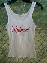Load image into Gallery viewer, Women’s white tank top with cursive richmond on front and wings on back
