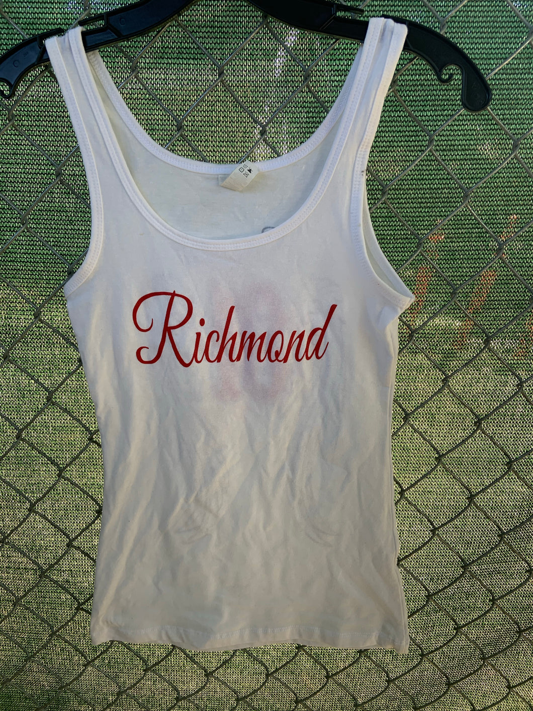 Women’s white tank top with cursive richmond on front and wings on back
