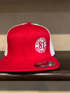 Red and white trucker fitted hat with support 81 patch
