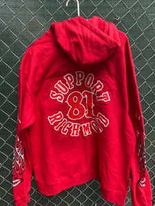 Red zip up hoodie with red and white flames on sleeve