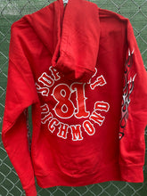 Load image into Gallery viewer, Red pullover hoodie with red and white flames on sleeves
