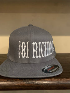 Grey and white flex fit hat with white writing
