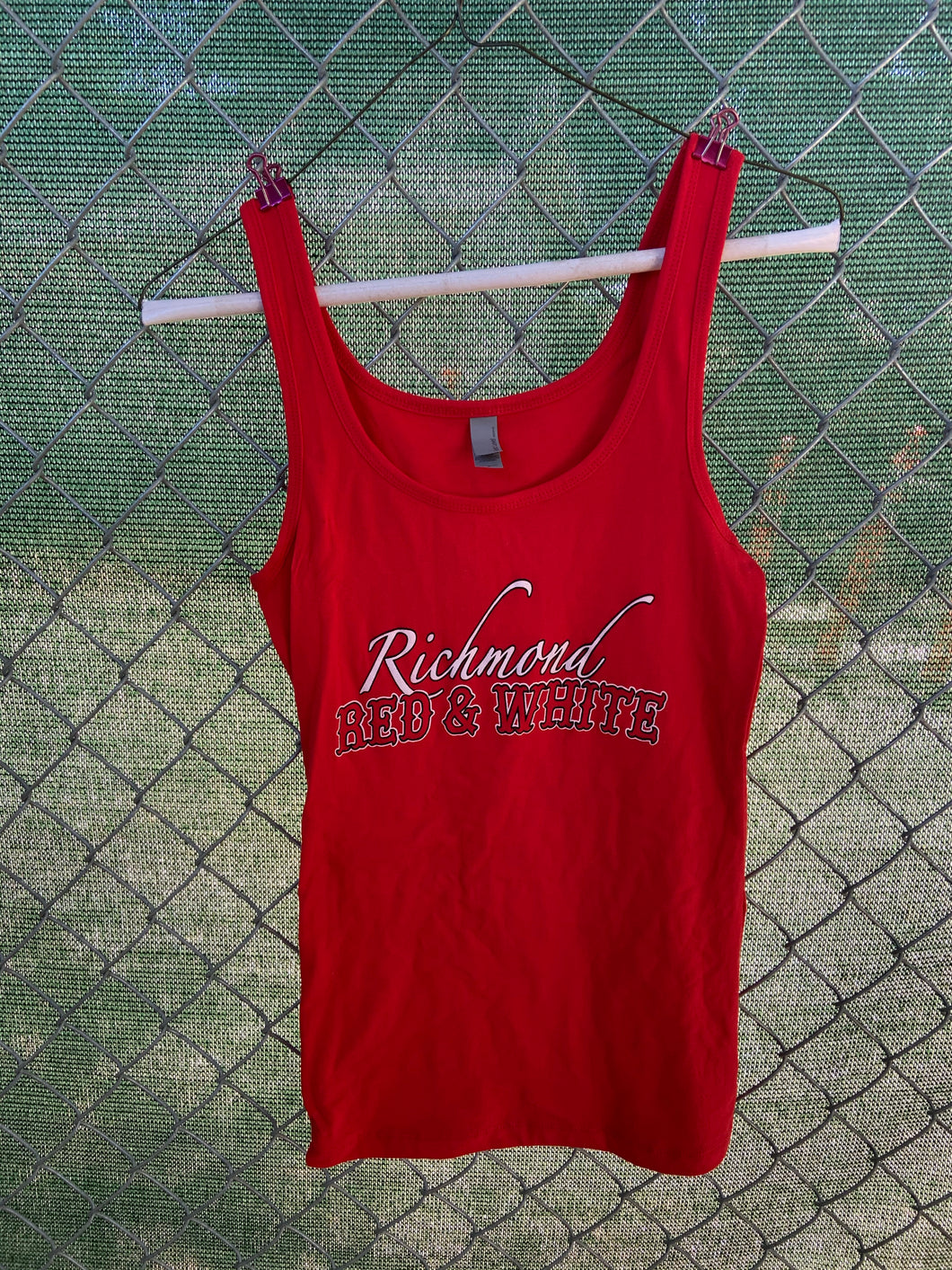 Women’s red tank top with richmond red and white on front