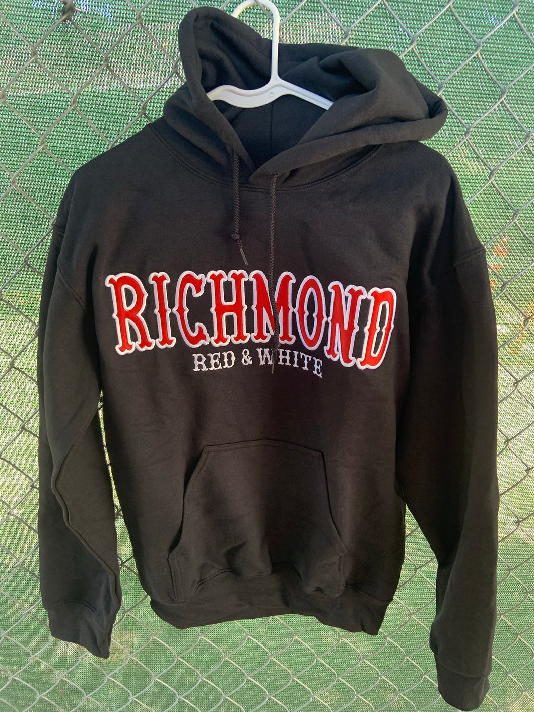 Black hoodie with richmond red and white embroidered