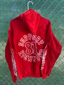 Red zip up screen print with hood