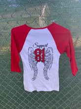 Load image into Gallery viewer, Red and white baseball t with wings on back
